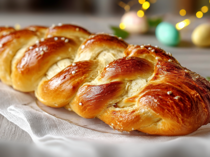 Ein Osterzopf liegt auf einem weißen Tuch. Im Hintergrund sieht man drei gefärbte Eier, sowie ein wenig Licht.