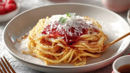 Ein Teller Pancake-Spaghetti mit Erdbeermarmelade und weißer Schokolade.