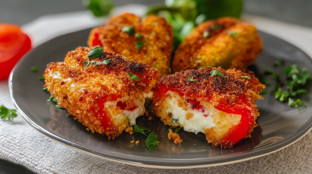 Vier panierte Feta-Paprika liegen auf einem grauen Teller. Sie sind mit einigen frischen Kräutern bestreut. Im Hintergrund liegt noch eine rote sowie grüne Paprikaschote.