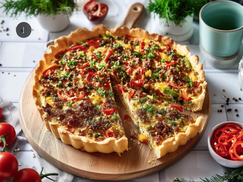 Ein Paprika-Hack-Kuchen auf einem runden Holzbrett. Ein Stück wurde bereits herausgeschnitten, liegt aber noch im Kuchen,.