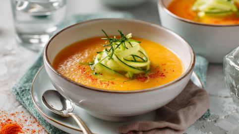 Eine Schale Paprika-Rhabarbersuppe auf einer Unterschale. Daneben liegt ein Löffel. Die Suppe ist mit dünn geschnittenen Gurkenstreifen angerichtet. Im Hintergrund steht ein Glas Wasser sowie eine weitere Paprika-Rhabarber-Suppe.
