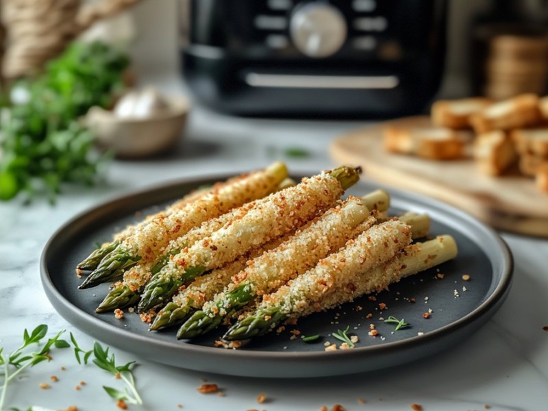 Teller mit Parmesan-Spargel aus dem Airfryer, Heißluftfritteuse im Hintergrund