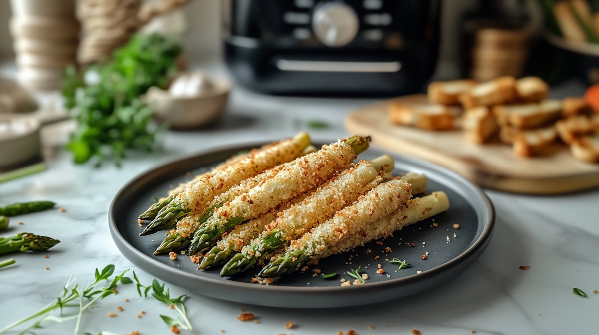Teller mit Parmesan-Spargel aus dem Airfryer, Heißluftfritteuse im Hintergrund