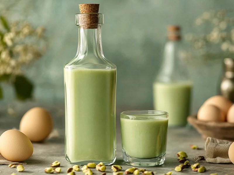 Zwei Flaschen und ein Glas mit Pistazien-Eierlikör, Eier und Pistazien daneben