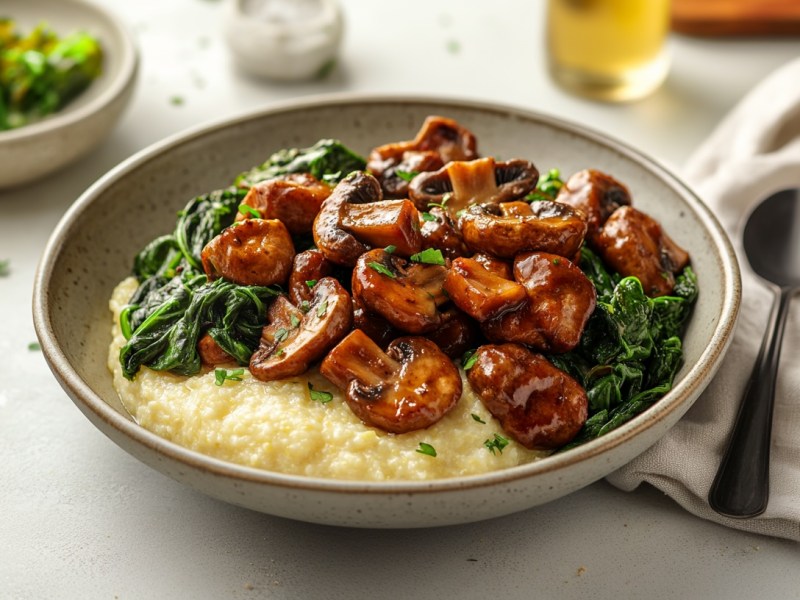 Polenta mit Champignons und Spinat in einer Schüssel, daneben ein Löffel und eine Stoffserviette, im Hintergrund einige Zutaten.