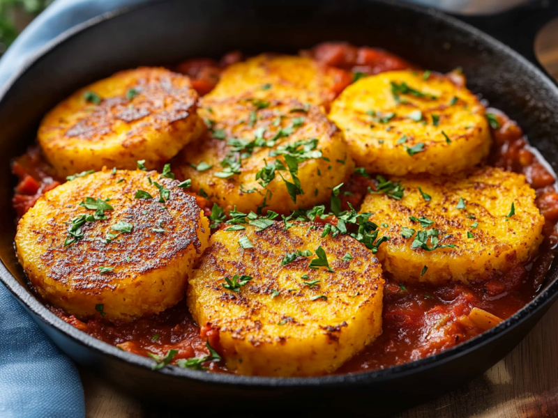 Polenta-Taler in Tomatensoße in einer gusseisernen Pfanne.
