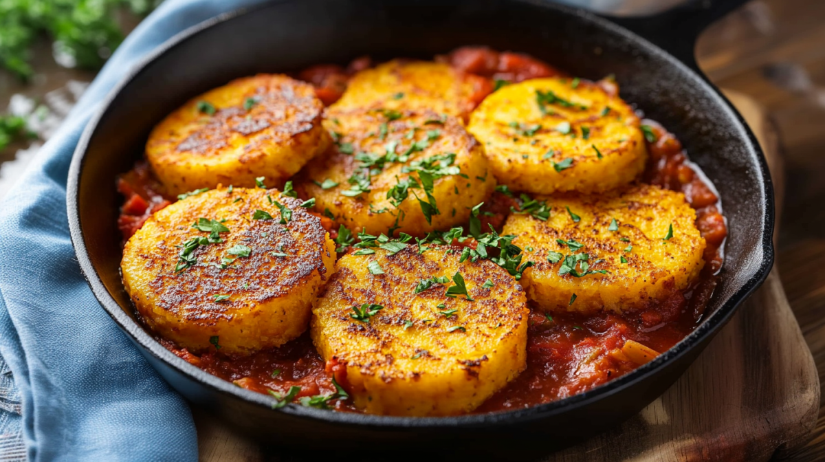 Polenta-Taler in Tomatensoße in einer gusseisernen Pfanne.