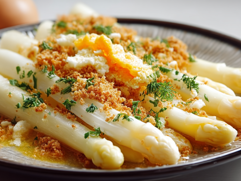 Polnischer Spargel mit Bröselbutter auf einem Teller mit dunklem Rand.