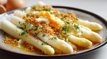 Polnischer Spargel mit Bröselbutter auf einem Teller mit dunklem Rand.