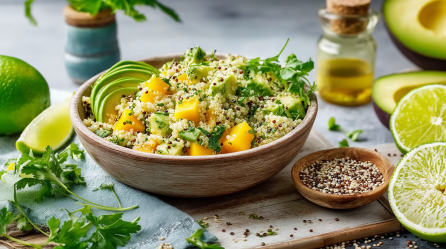 Eine Schüssel mit Quinoa-Avocadosalat steht auf einer Holzunterlage auf grauem Untergrund. Links neben der Schale liegt frische Petersilie, eine Limettenspalte sowie eine Limette. Rechts neben der Schale steht ein Schälchen mit Quinoa sowie eine halbierte Limette, eine halbierte Avocado und im Hintergrund ein Fläschchen Öl.