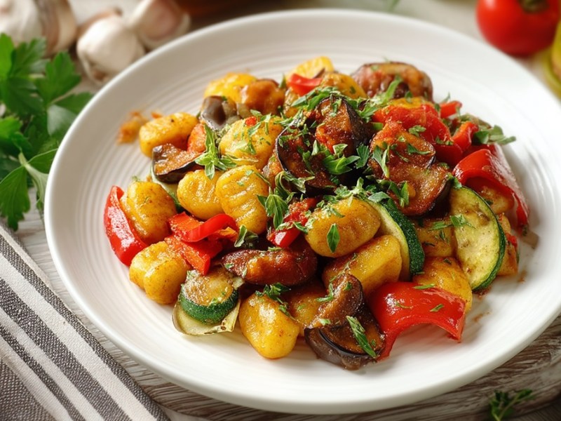 Ein Teller mit Ratatouille-Gnocchi, der auf einer gestreiften Stoffserviette platziert ist. Rechts neben dem Teller liegt ein Messer. Außerdem sind um den Teller herum Zutaten wie frische Tomaten, frische Petersilie und Knoblauch zu sehen.