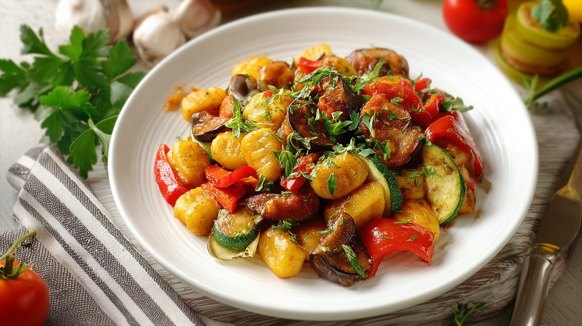 Ein Teller mit Ratatouille-Gnocchi, der auf einer gestreiften Stoffserviette platziert ist. Rechts neben dem Teller liegt ein Messer. Außerdem sind um den Teller herum Zutaten wie frische Tomaten, frische Petersilie und Knoblauch zu sehen.