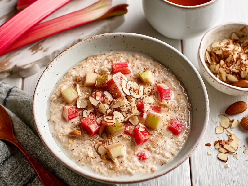 Rhabarber-Apfel-Porridge in einer Schüssel, daneben Rhabarberstangen und gehackte Mandeln.