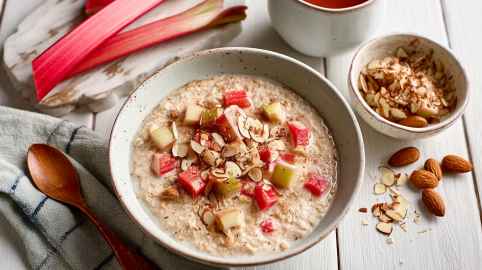 Rhabarber-Apfel-Porridge in einer Schüssel, daneben Rhabarberstangen und gehackte Mandeln.