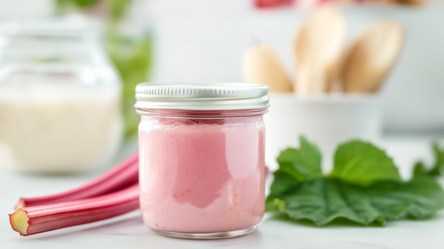 Ein Glas Rhabarber-Creme.