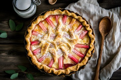 Rhabarber-Grieß-Tarte auf einem Tisch