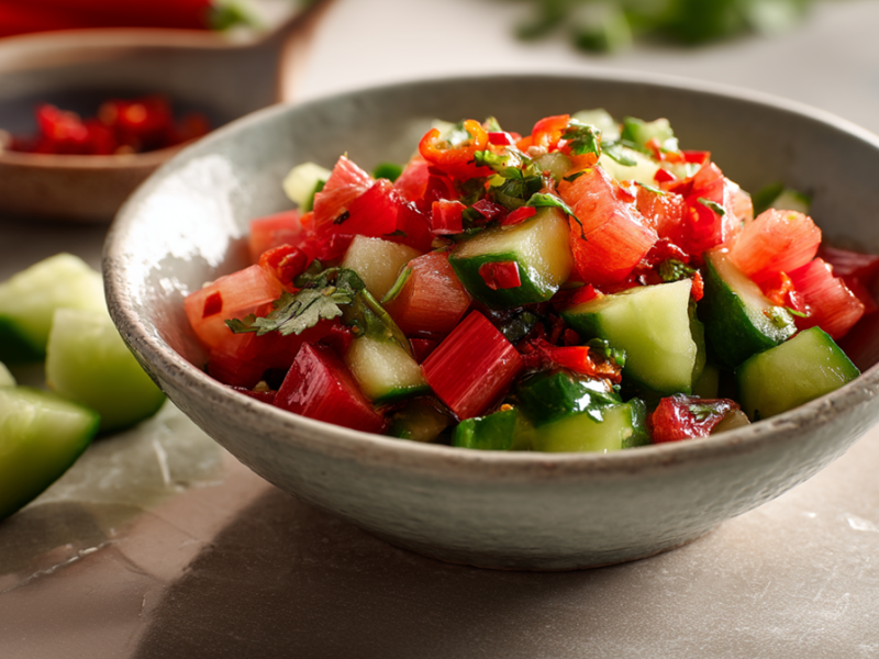 Eine Schüssel mit Rhabarber-Gurken-Salsa. Ringsum liegen Gurkenstücke, eine halbe Limette, eine Schale mit Chiliflocken herum.