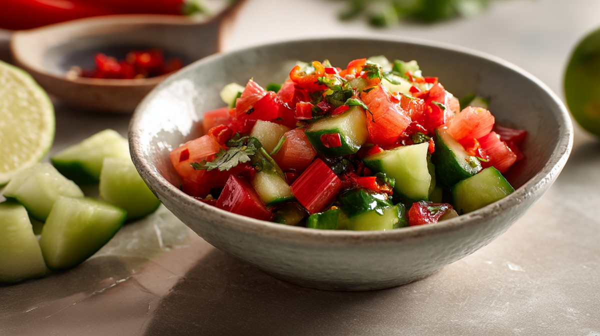 Eine Schüssel mit Rhabarber-Gurken-Salsa. Ringsum liegen Gurkenstücke, eine halbe Limette, eine Schale mit Chiliflocken herum.