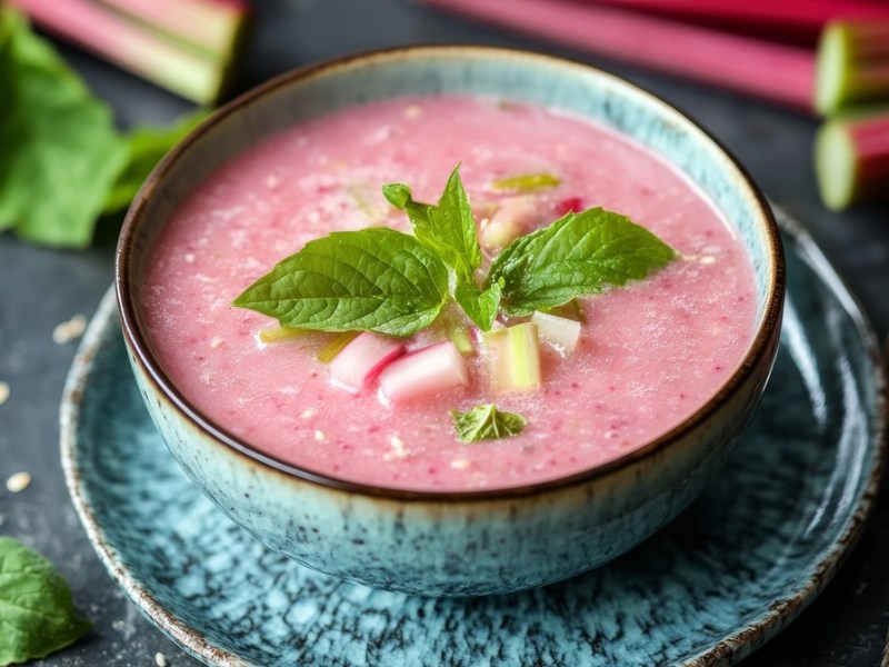 Schale mit kalter Rhabarber-Joghurt-Suppe
