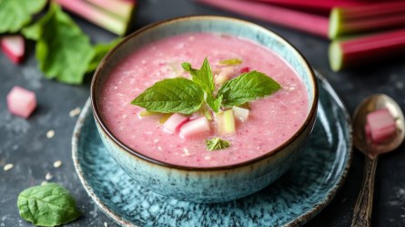 Schale mit kalter Rhabarber-Joghurt-Suppe