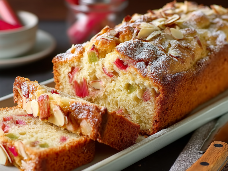Ein angeschnittener Rhabarber-Marzipan-Kuchen aus der Kastenform, mit Puderzucker bestäubt.