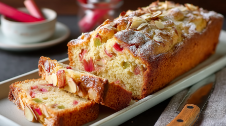 Ein angeschnittener Rhabarber-Marzipan-Kuchen aus der Kastenform, mit Puderzucker bestäubt.