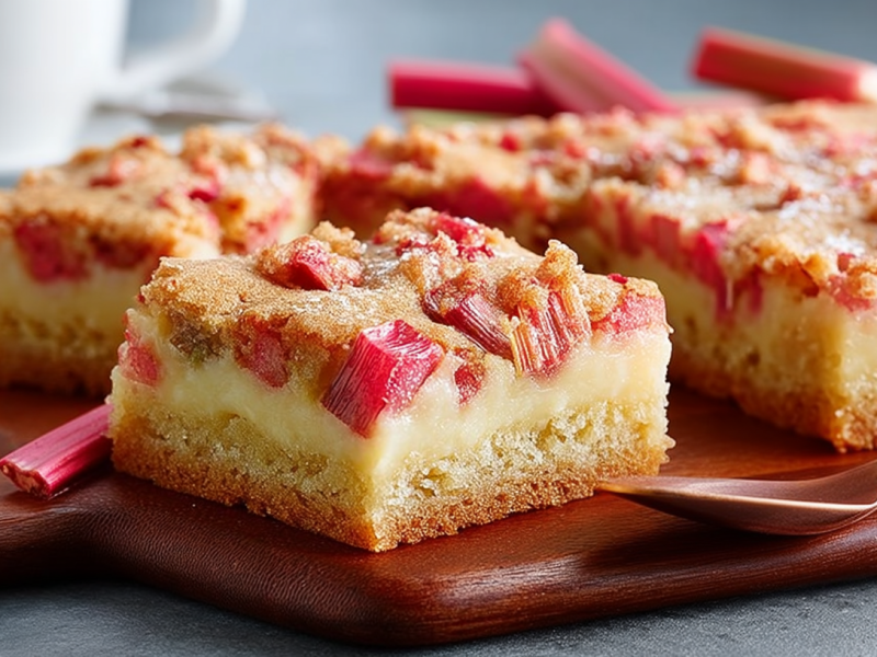 Einige Stücke Rhabarber-Puddingkuchen vom Blech.