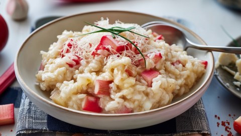 Rhabarber-Risotto in einer Schüssel.