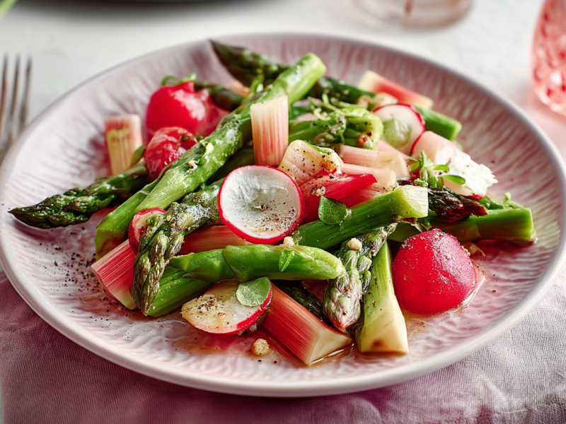 Rhabarber-Spargel-Salat mit Radieschen auf einem hellpinken Teller.