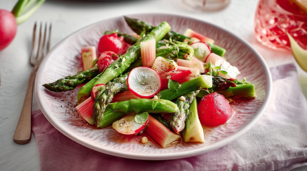 Rhabarber-Spargel-Salat mit Radieschen auf einem hellpinken Teller.