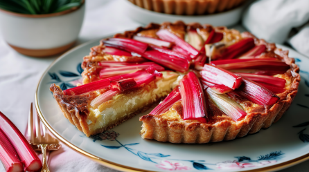 Eine Rhabarber-Ziegenkäse-Tarte auf einem Teller mit Blumenmuster. Daneben liegt eine Gabel sowie zwei weitere kleine Rhabarberstangen.