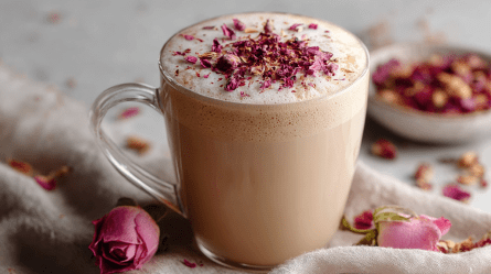 Eine gläserne Tasse mit einem Rose Vanilla Latte. Die Kaffeespezialität ist dekoriert mit getrockneten Rosenblüten, die auf dem Milchschaum schwimmen. Im Hintergrund kann man eine Schale erkennen, in der getrocknete Rosenblüten liegen. Um die Tasse herum liegen ebenfalls Blüten verstreut.