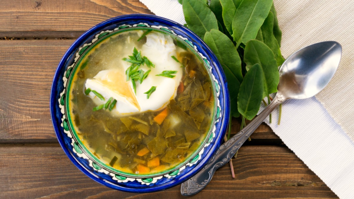 Eine Schüssel Sauerampfer-Suppe mit Ei in der Draufsicht.