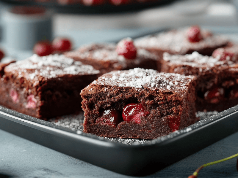 Ein Backblech mit einigen Stücken Schoko-Kirsch-Kuchen vom Blech. Der Kuchen ist mit Puderzucker bestreut. Um das Blech liegen einzelne frische Kirschen mit Stiel verteilt.