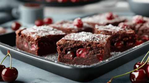 Ein Backblech mit einigen Stücken Schoko-Kirsch-Kuchen vom Blech. Der Kuchen ist mit Puderzucker bestreut. Um das Blech liegen einzelne frische Kirschen mit Stiel verteilt.