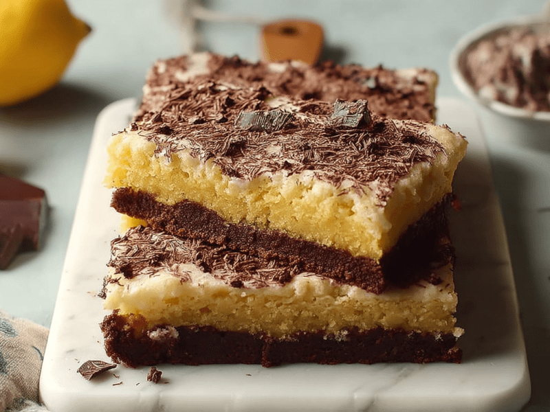 Mehrere Stücke Schoko-Zitronenkuchen vom Blech.