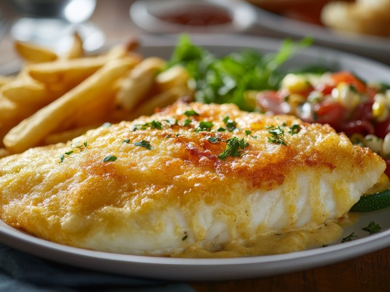 Teller mit Seelachs mit Käsekruste und Pommes frites sowie ein Salat daneben