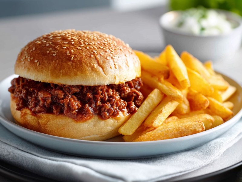 Ein Sloppy Joe Burger auf einem Teller mit Pommes, daneben etwas frischer Salat.