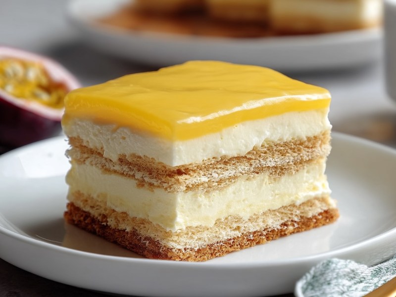 Ein Stück Solero-Tiramisu auf einem Teller, dahinter eine halbierte Maracuja.