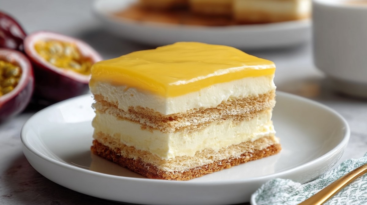 Ein Stück Solero-Tiramisu auf einem Teller, dahinter eine halbierte Maracuja.