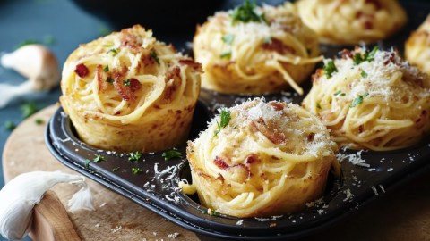 Spaghetti-Carbonara-Muffins in einem Muffinblech.