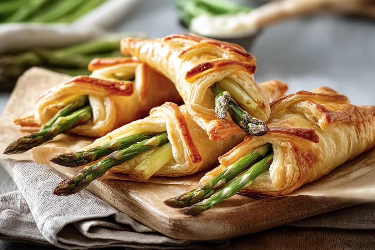 Mehrere Spargel-Blätterteig-Taschen auf einem Holzbrett.