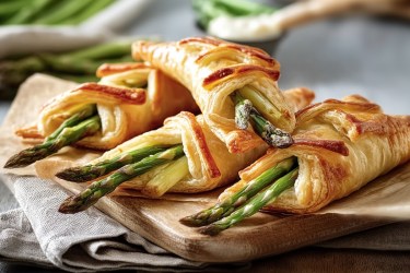 Mehrere Spargel-Blätterteig-Taschen auf einem Holzbrett.