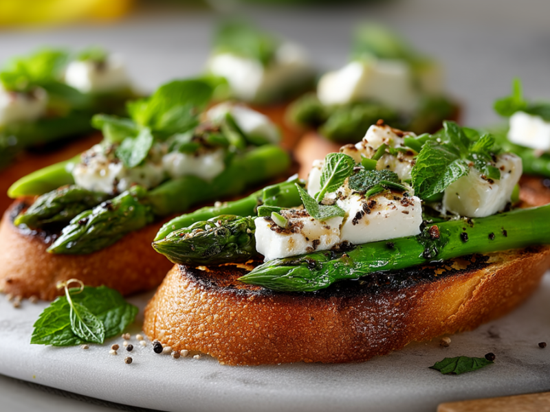 Eine Servierplatte aus Stein, auf der mehrere Scheiben Spargel-Bruschetta mit Büffelmozzarella und Minze liegen, die mit etwas Honig beträufelt und mit frischem gemahlenem Pfeffer garniert sind. Außerdem kann man angeschnitten zwei Spargelstangen erkennen, die in den Vordergrund ragen. Im Hintergrund kann man weitere Bruschetta-Scheiben erkennen.