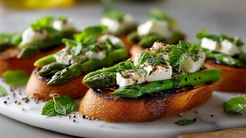 Eine Servierplatte aus Stein, auf der mehrere Scheiben Spargel-Bruschetta mit Büffelmozzarella und Minze liegen, die mit etwas Honig beträufelt und mit frischem gemahlenem Pfeffer garniert sind. Außerdem kann man angeschnitten zwei Spargelstangen erkennen, die in den Vordergrund ragen. Im Hintergrund kann man weitere Bruschetta-Scheiben erkennen.