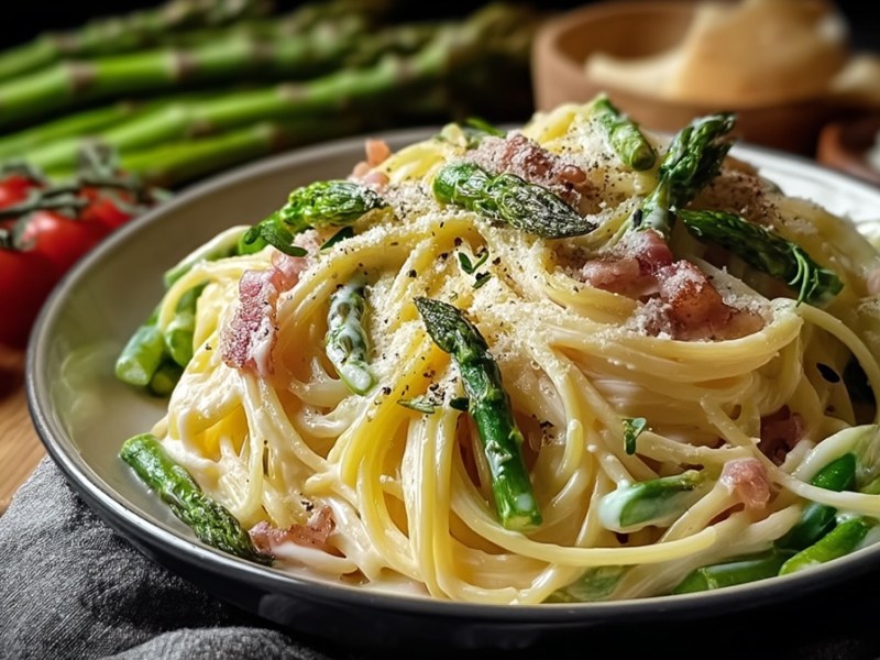 Teller Spargel Carbonara mit Zutaten daneben