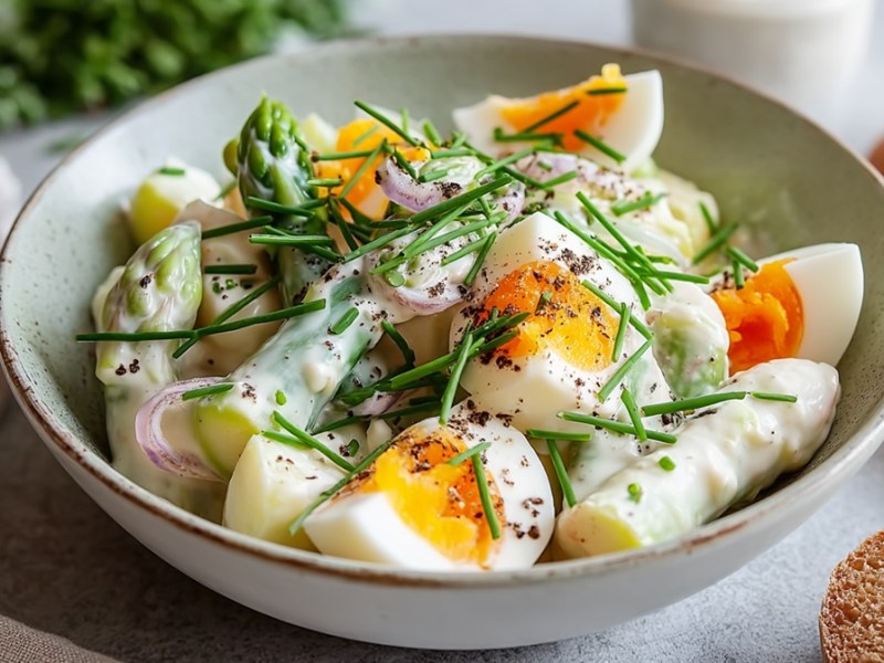 Eine Schale mit Spargel-Ei-Salat.