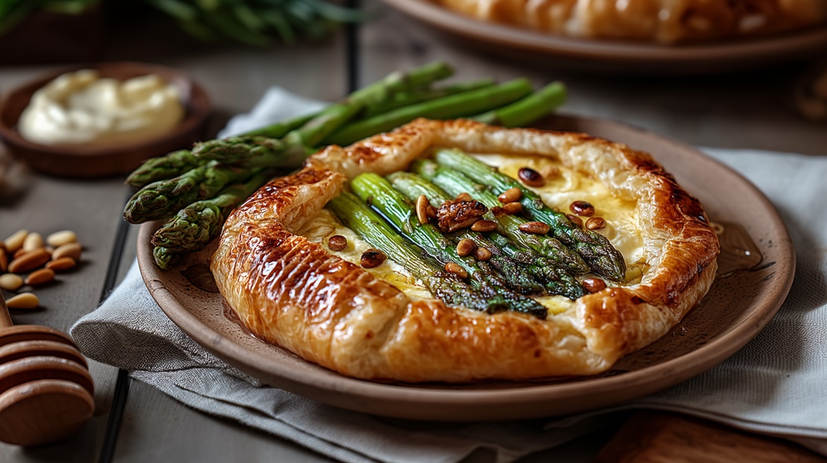 Spargel-Galette mit Ziegenkäse und Honig auf einem Tisch