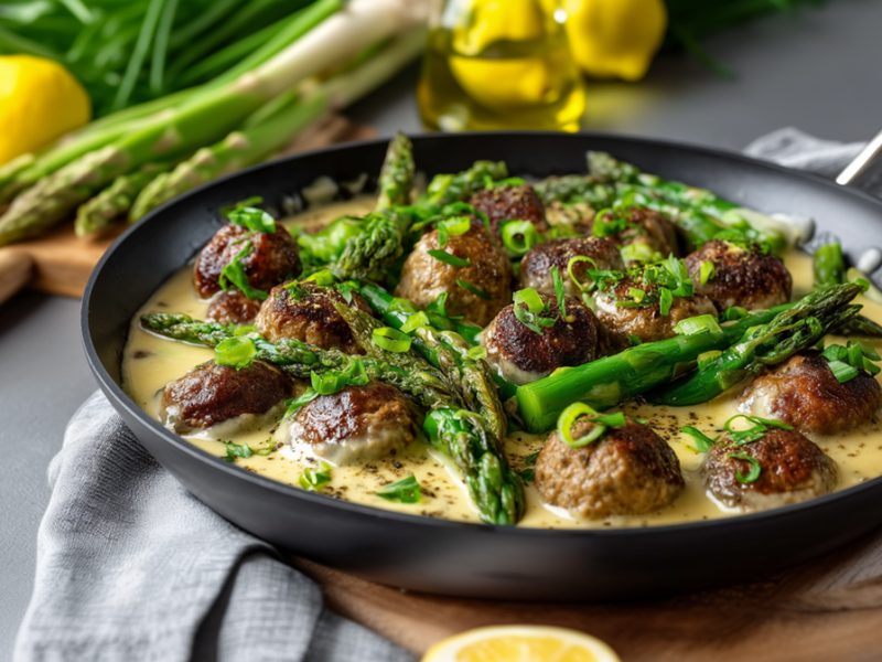 Eine Spargel-Hackbällchen-Pfanne mit Rahmsoße. Um die Pfanne herum liegen Zutaten wie frischer grüner Spargel, Zitronen, Frühlingszwiebeln und Ölgefäße herum. Die Pfanne steht auf einem Holzbrett.