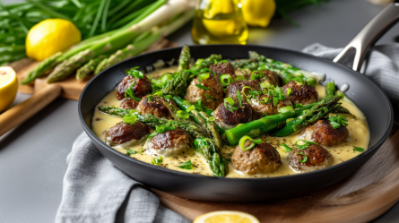 Eine Spargel-Hackbällchen-Pfanne mit Rahmsoße. Um die Pfanne herum liegen Zutaten wie frischer grüner Spargel, Zitronen, Frühlingszwiebeln und Ölgefäße herum. Die Pfanne steht auf einem Holzbrett.